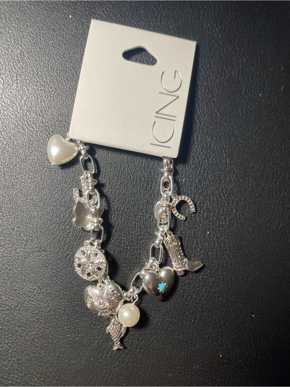 Icing Silver-Tone Western Charm Bracelet with Pearls and Turquoise Accent